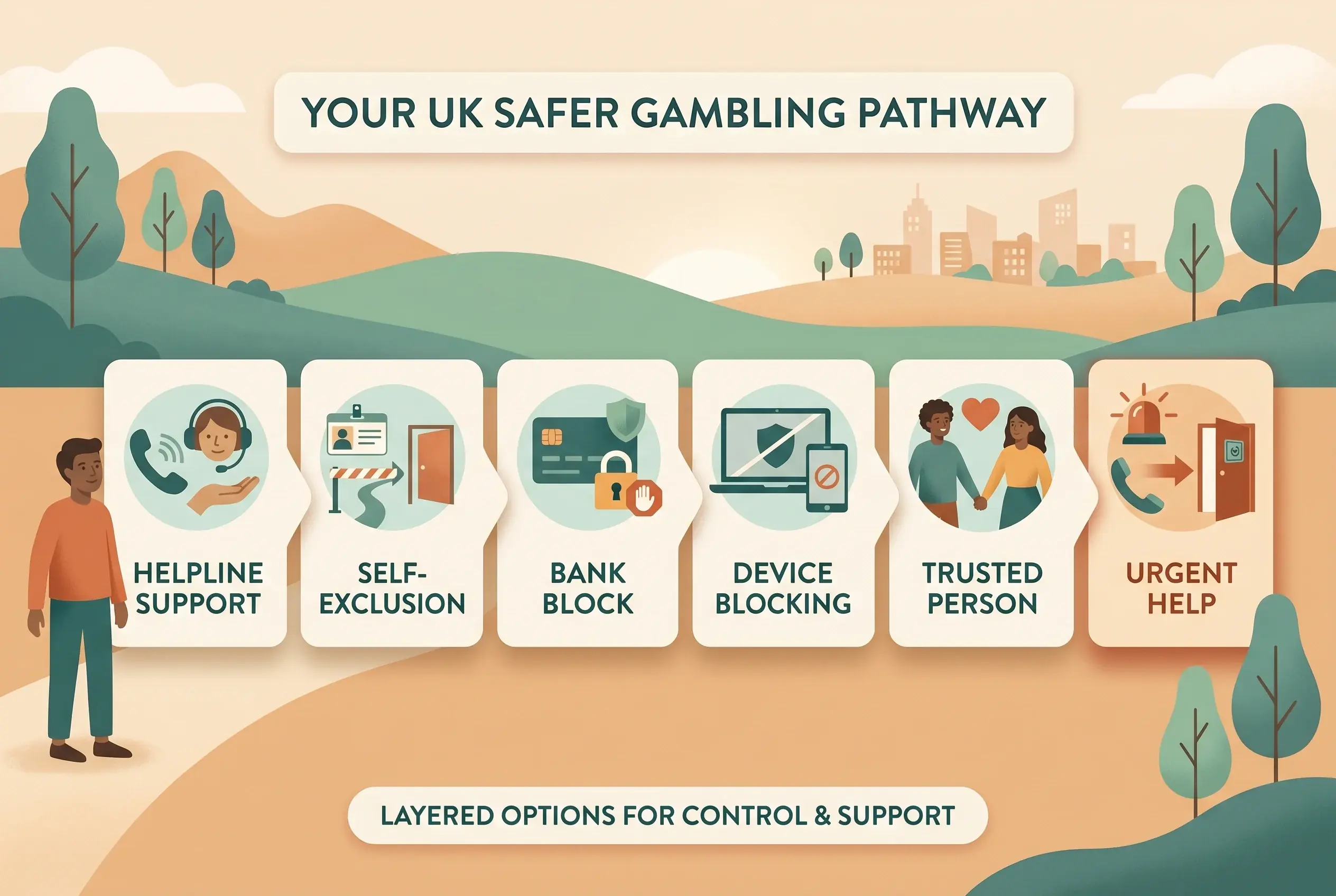 Support plan showing helpline, self-exclusion, payment blocks, trusted support and urgent help as separate options