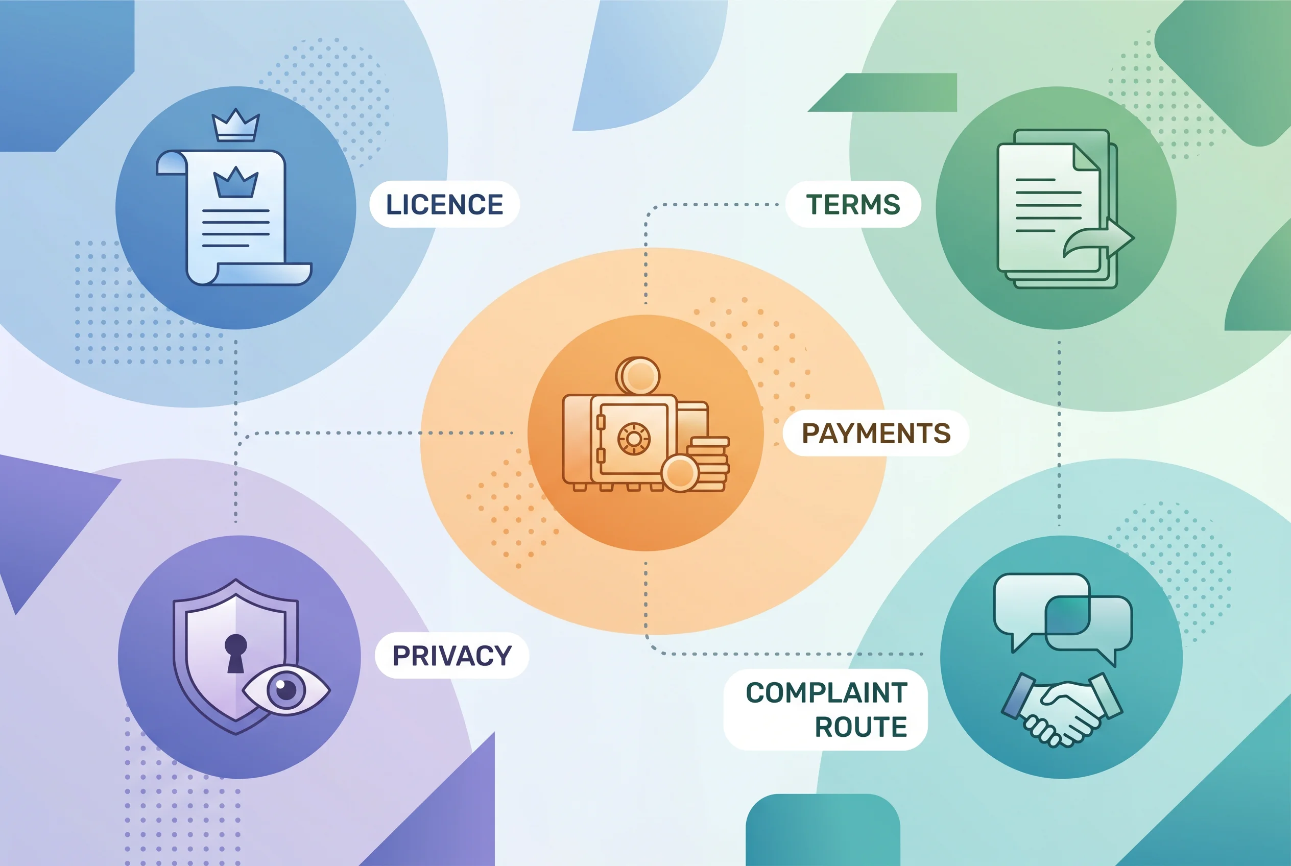 Calm risk map showing licence, terms, payments, privacy and complaint checks